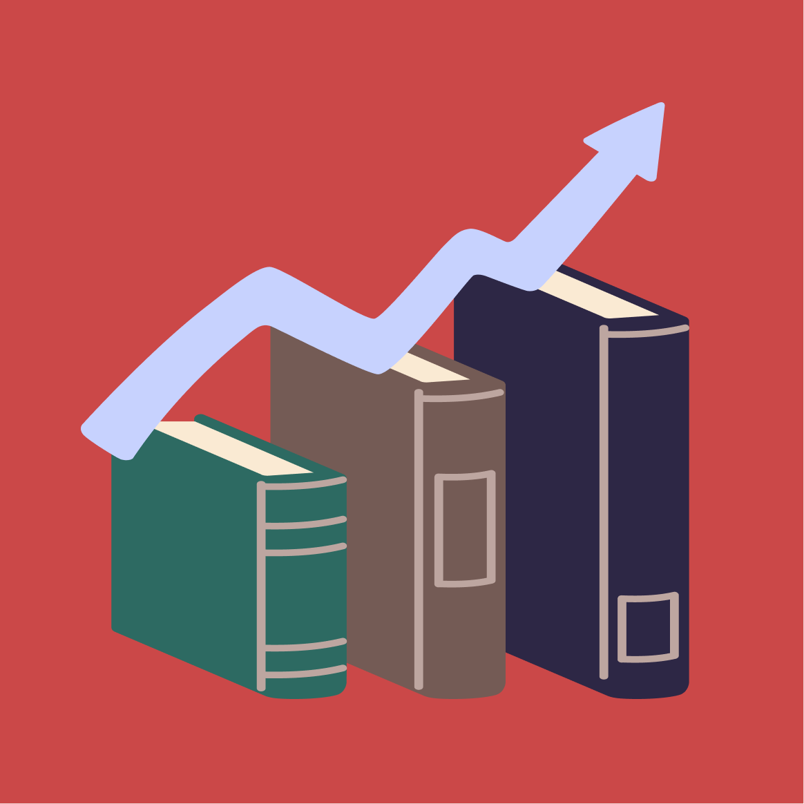 illustration of books and a graph showing upward movement